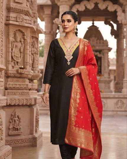 Slub Cotton Embroidery Kurti with Cotton Bottom and Jacquard Dupatta Set - Rosepetals Luxe