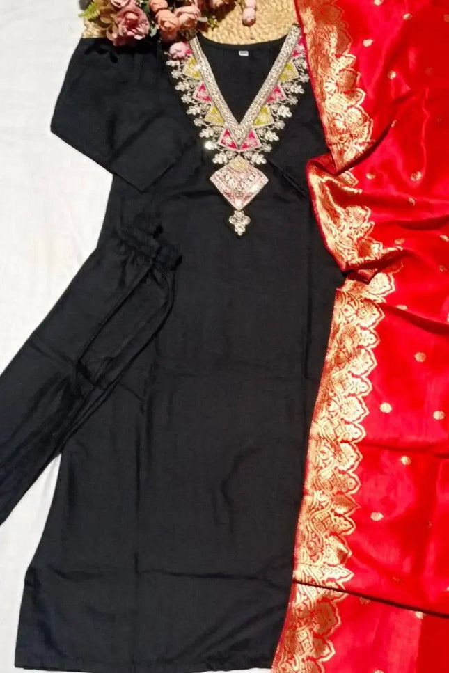 Slub Cotton Embroidery Kurti with Cotton Bottom and Jacquard Dupatta Set - Rosepetals Luxe