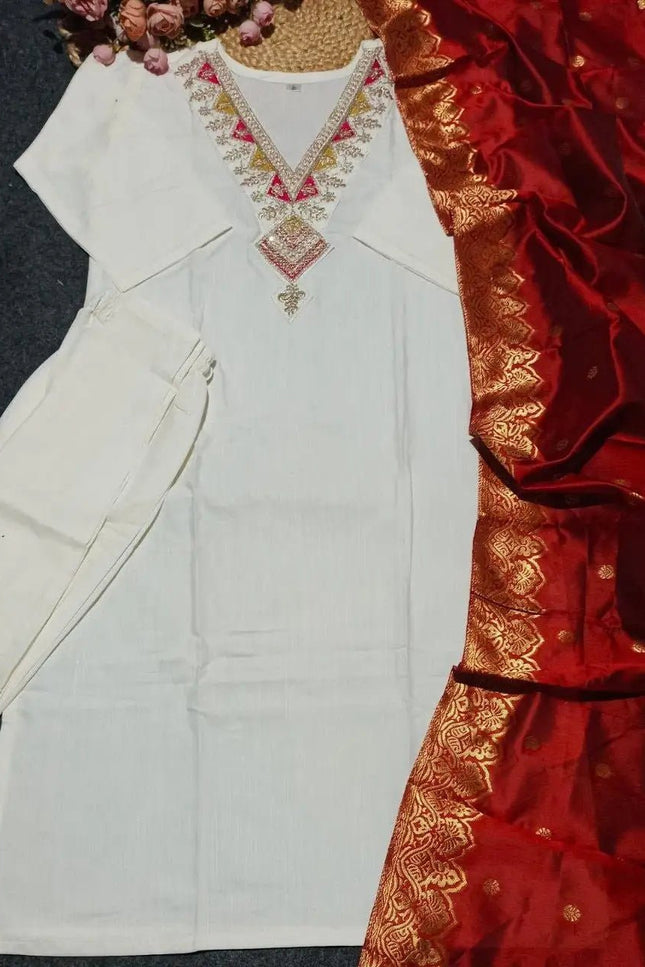 Slub Cotton Embroidery Kurti with Cotton Bottom and Jacquard Dupatta Set - Rosepetals Luxe