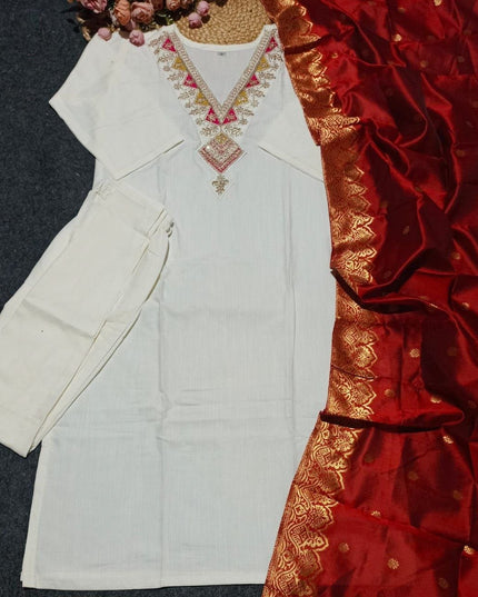 Slub Cotton Embroidery Kurti with Cotton Bottom and Jacquard Dupatta Set - Rosepetals Luxe