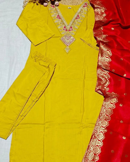 Slub Cotton Embroidery Kurti with Cotton Bottom and Jacquard Dupatta Set - Rosepetals Luxe