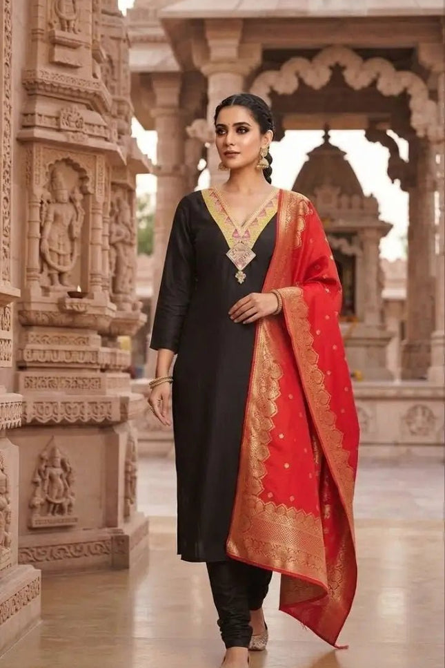 Slub Cotton Embroidery Kurti with Cotton Bottom and Jacquard Dupatta Set - Rosepetals Luxe