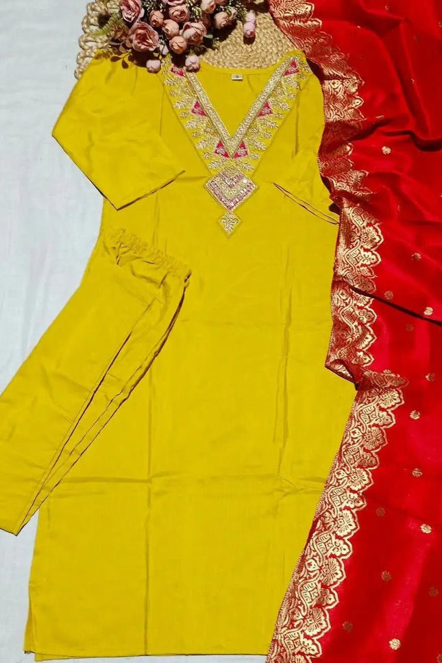 Slub Cotton Embroidery Kurti with Cotton Bottom and Jacquard Dupatta Set - Rosepetals Luxe