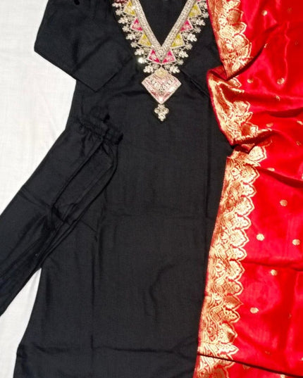 Slub Cotton Embroidery Kurti with Cotton Bottom and Jacquard Dupatta Set - Rosepetals Luxe