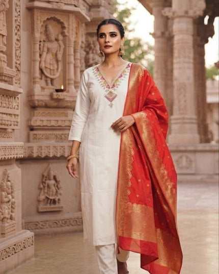 Slub Cotton Embroidery Kurti with Cotton Bottom and Jacquard Dupatta Set - Rosepetals Luxe