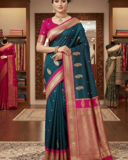 Soft Banarasi Silk Saree with Zari Weaving & Contrast Pallu - Rosepetals Luxe