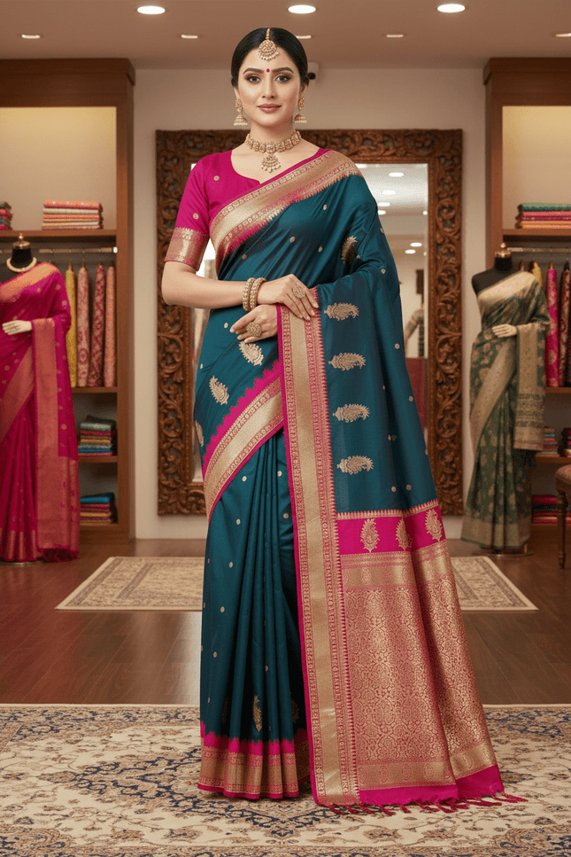 Soft Banarasi Silk Saree with Zari Weaving & Contrast Pallu - Rosepetals Luxe