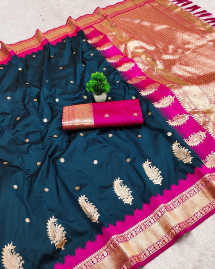 Soft Banarasi Silk Saree with Zari Weaving & Contrast Pallu - Rosepetals Luxe