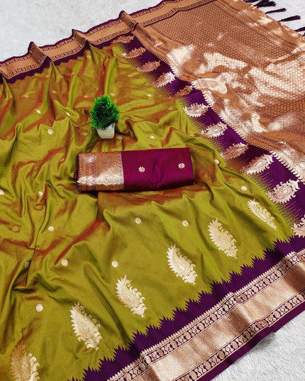 Soft Banarasi Silk Saree with Zari Weaving & Contrast Pallu - Rosepetals Luxe