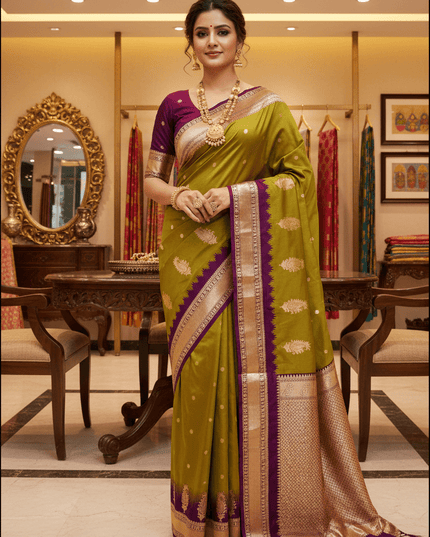 Soft Banarasi Silk Saree with Zari Weaving & Contrast Pallu - Rosepetals Luxe