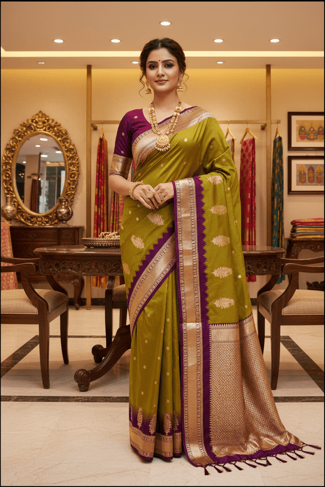 Soft Banarasi Silk Saree with Zari Weaving & Contrast Pallu - Rosepetals Luxe
