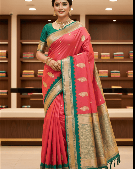 Soft Banarasi Silk Saree with Zari Weaving & Contrast Pallu - Rosepetals Luxe