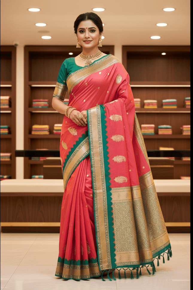 Soft Banarasi Silk Saree with Zari Weaving & Contrast Pallu - Rosepetals Luxe