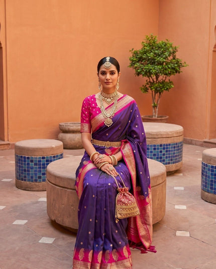 Soft Banarasi Silk Saree with Zari Weaving & Contrast Pallu - Rosepetals Luxe