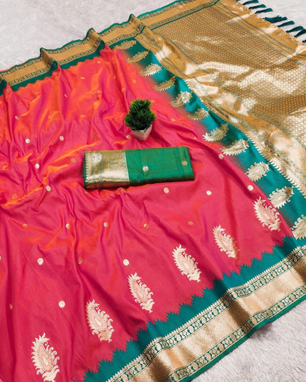 Soft Banarasi Silk Saree with Zari Weaving & Contrast Pallu - Rosepetals Luxe