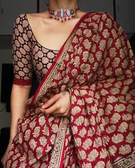 Soft Chanderi Cotton Saree with Digital Print | With Blouse Piece | Rosepetals Luxe - Rosepetals Luxe