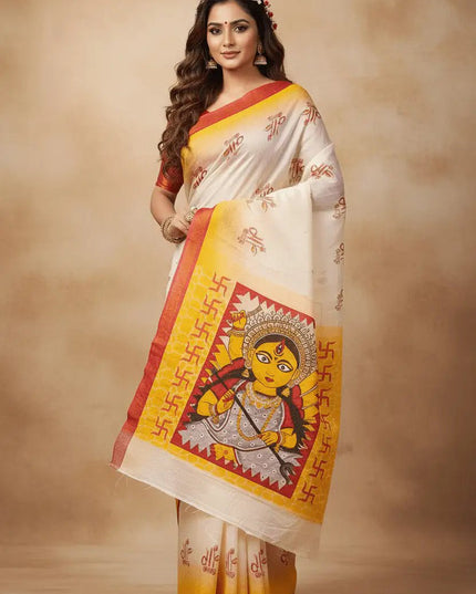 Soft Dola Silk Saree | Durga Puja Print & Zari Border | With Running Blouse - Rosepetals Luxe