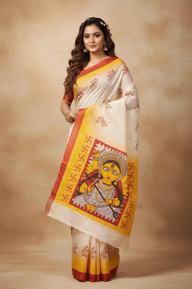 Soft Dola Silk Saree | Durga Puja Print & Zari Border | With Running Blouse - Rosepetals Luxe