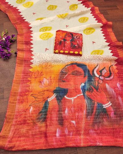 Soft Dola Silk Saree | Durga Puja Print & Zari Border | With Running Blouse - Rosepetals Luxe