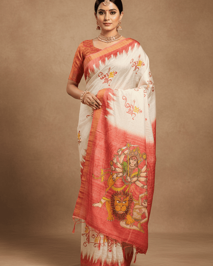 Soft Dola Silk Saree | Durga Puja Print & Zari Border | With Running Blouse - Rosepetals Luxe