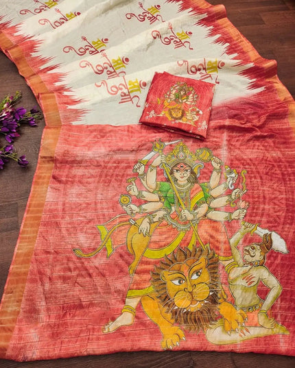 Soft Dola Silk Saree | Durga Puja Print & Zari Border | With Running Blouse - Rosepetals Luxe