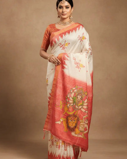 Soft Dola Silk Saree | Durga Puja Print & Zari Border | With Running Blouse - Rosepetals Luxe