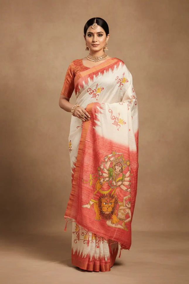 Soft Dola Silk Saree | Durga Puja Print & Zari Border | With Running Blouse - Rosepetals Luxe