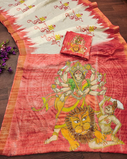 Soft Dola Silk Saree | Durga Puja Print & Zari Border | With Running Blouse - Rosepetals Luxe