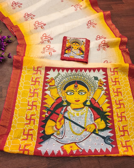 Soft Dola Silk Saree | Durga Puja Print & Zari Border | With Running Blouse - Rosepetals Luxe