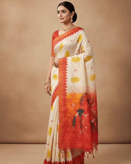 Soft Dola Silk Saree | Durga Puja Print & Zari Border | With Running Blouse - Rosepetals Luxe