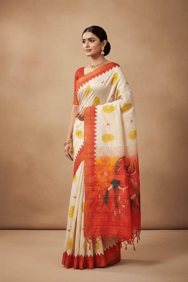 Soft Dola Silk Saree | Durga Puja Print & Zari Border | With Running Blouse - Rosepetals Luxe