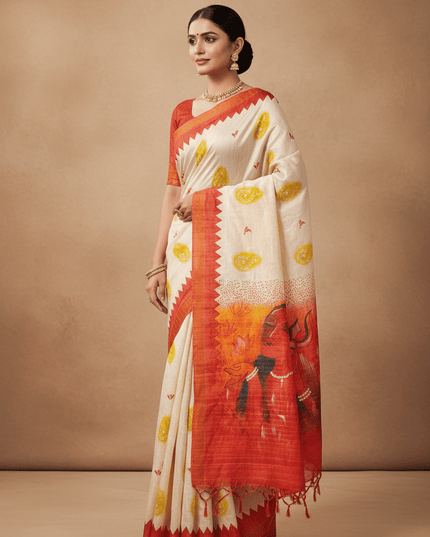 Soft Dola Silk Saree | Durga Puja Print & Zari Border | With Running Blouse - Rosepetals Luxe