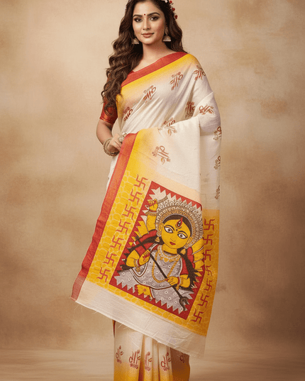 Soft Dola Silk Saree | Durga Puja Print & Zari Border | With Running Blouse - Rosepetals Luxe