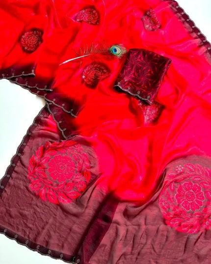 Soft Fandy Satin Saree | Big Floral Digital Print & Heavy Siroski Work - Rosepetals Luxe