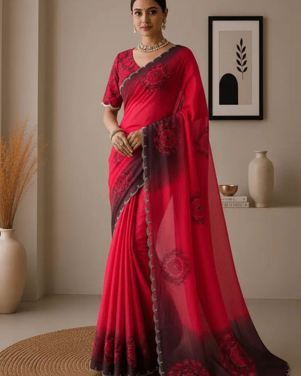 Soft Fandy Satin Saree | Big Floral Digital Print & Heavy Siroski Work - Rosepetals Luxe