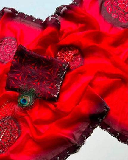 Soft Fandy Satin Saree | Big Floral Digital Print & Heavy Siroski Work - Rosepetals Luxe