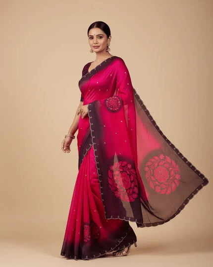Soft Fandy Satin Saree | Big Floral Digital Print & Heavy Siroski Work - Rosepetals Luxe