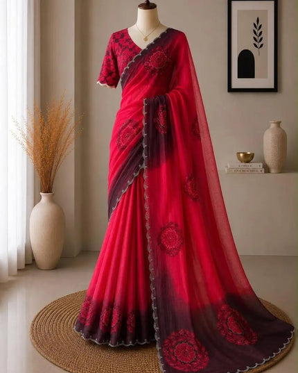 Soft Fandy Satin Saree | Big Floral Digital Print & Heavy Siroski Work - Rosepetals Luxe