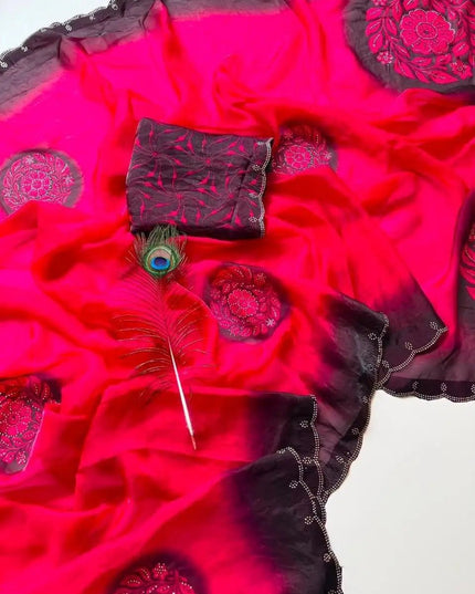 Soft Fandy Satin Saree | Big Floral Digital Print & Heavy Siroski Work - Rosepetals Luxe