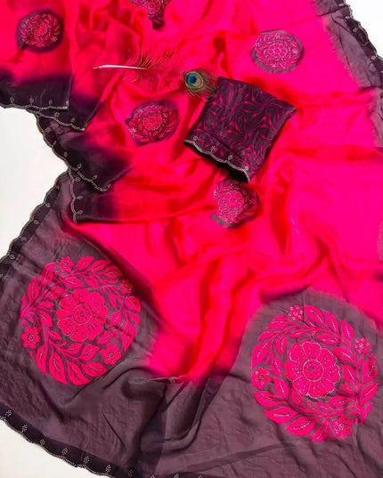 Soft Fandy Satin Saree | Big Floral Digital Print & Heavy Siroski Work - Rosepetals Luxe