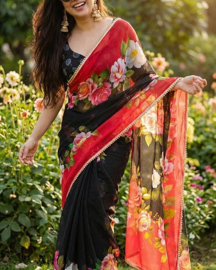 Soft Georgette Saree | Digital Print | Pearl Lace Border | Matching Blouse - Rosepetals Luxe