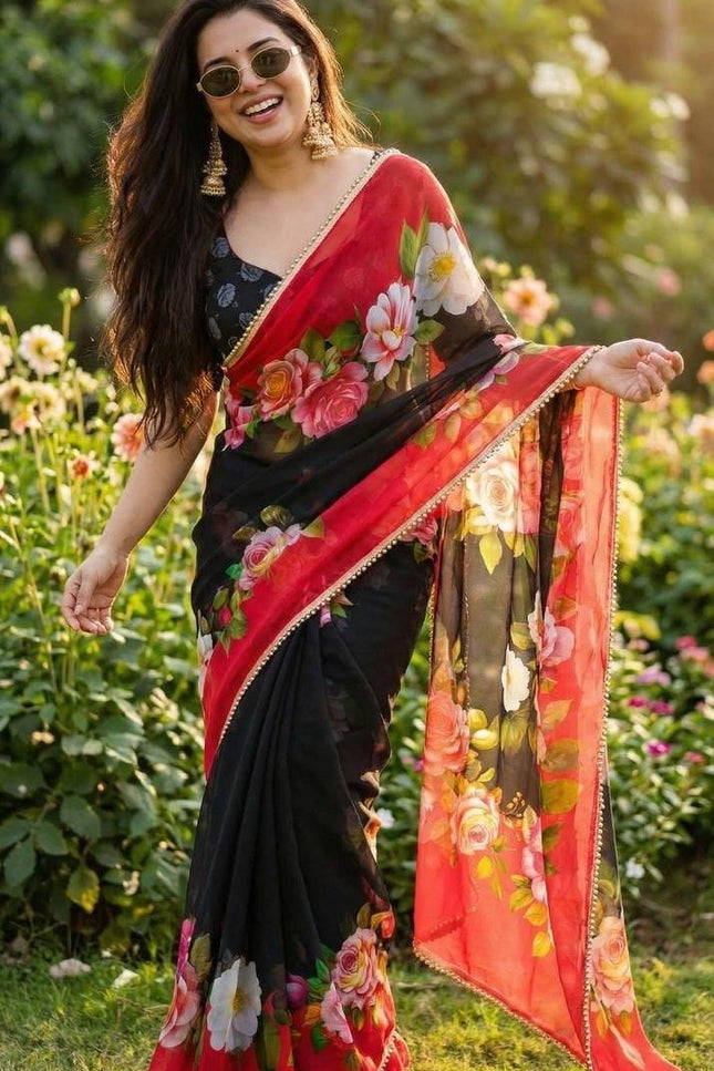 Soft Georgette Saree | Digital Print | Pearl Lace Border | Matching Blouse - Rosepetals Luxe