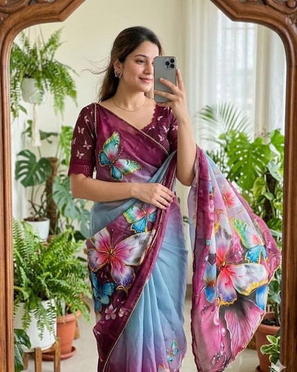 Soft Georgette Saree | Digital Print | Pearl Lace Border | Matching Blouse - Rosepetals Luxe