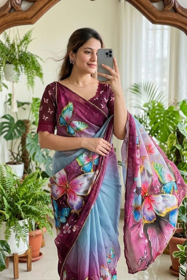Soft Georgette Saree | Digital Print | Pearl Lace Border | Matching Blouse - Rosepetals Luxe