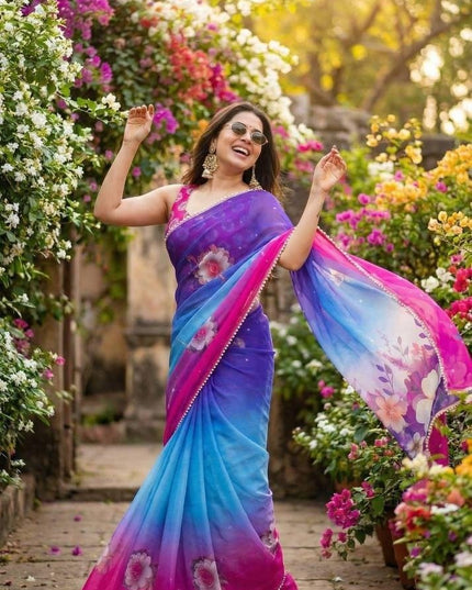 Soft Georgette Saree | Digital Print | Pearl Lace Border | Matching Blouse - Rosepetals Luxe