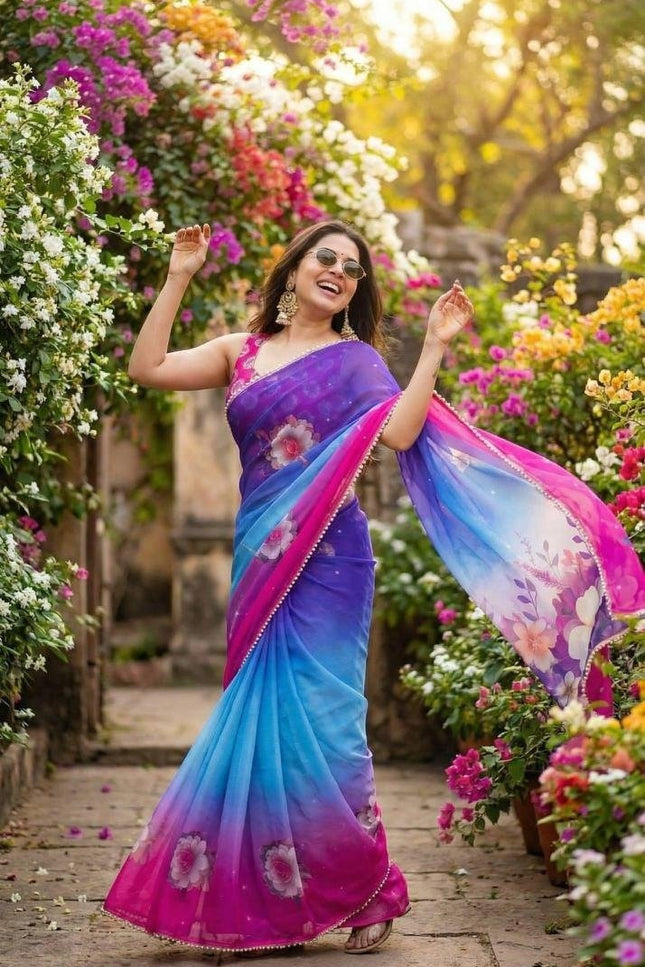 Soft Georgette Saree | Digital Print | Pearl Lace Border | Matching Blouse - Rosepetals Luxe