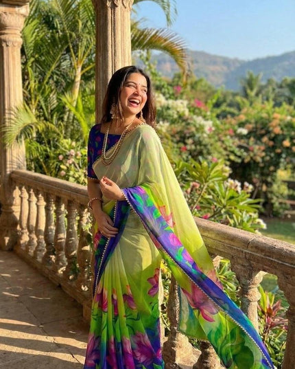Soft Georgette Saree | Digital Print | Pearl Lace Border | Matching Blouse - Rosepetals Luxe