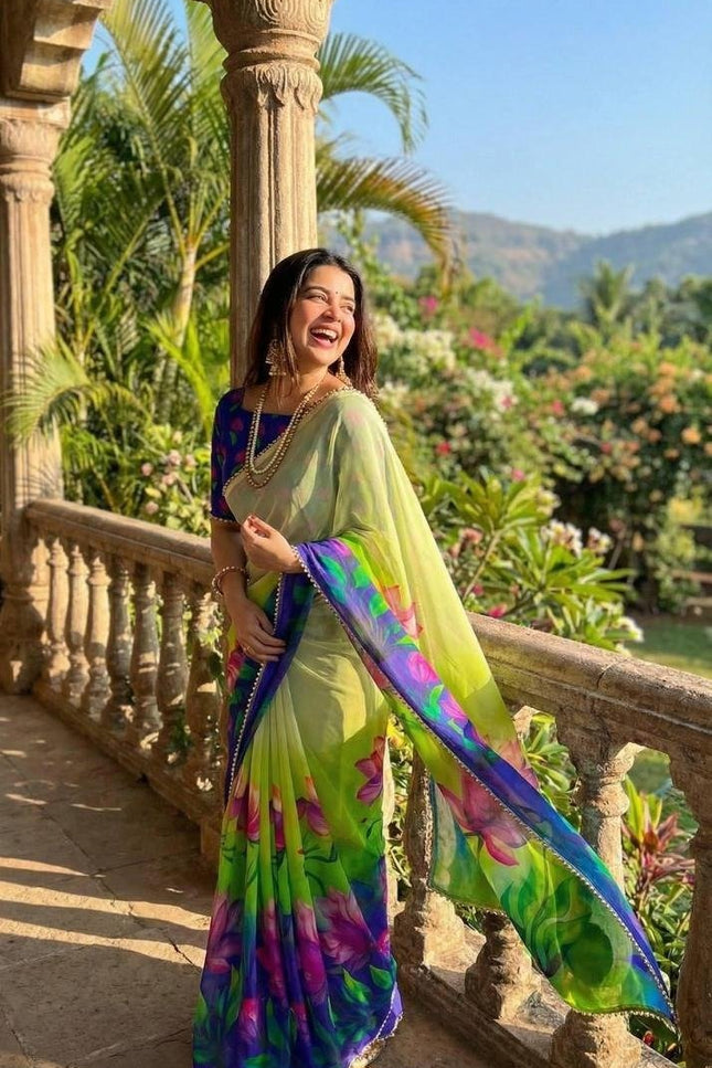 Soft Georgette Saree | Digital Print | Pearl Lace Border | Matching Blouse - Rosepetals Luxe