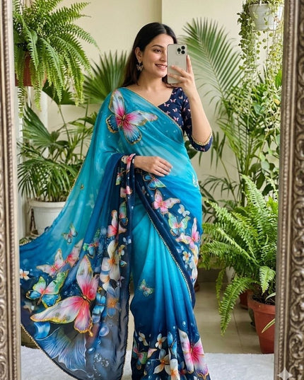 Soft Georgette Saree | Digital Print | Pearl Lace Border | Matching Blouse - Rosepetals Luxe