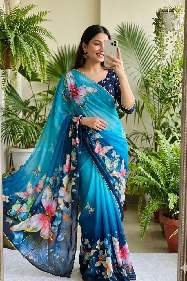 Soft Georgette Saree | Digital Print | Pearl Lace Border | Matching Blouse - Rosepetals Luxe